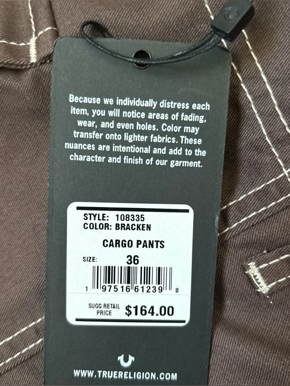 True Religion Men's Brown Cargo Pants with Contrast Stitching